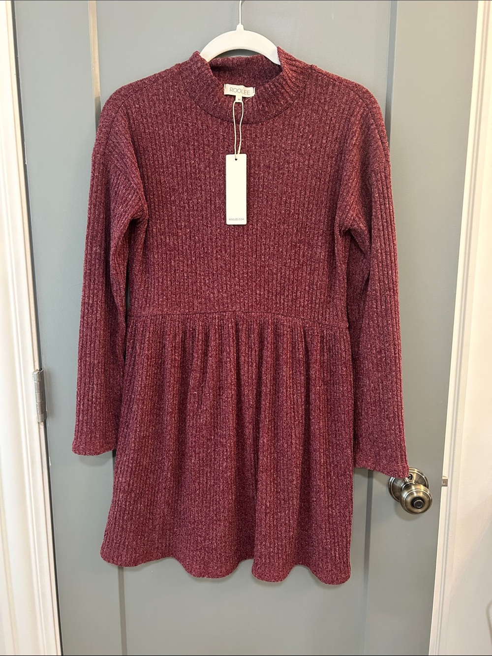 Roolee Women’s' Ribbed Mock-Neck Sweater Dress in Berry size medium